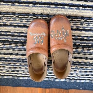 Dansko Brown Leather Embroidered Slip-On Clogs with Teal Accents